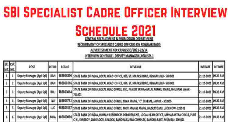 SBI Specialist Cadre Officer Interview Schedule 2021