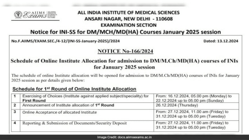 AIIMS INI-SS January 2025 Counselling Schedule Released