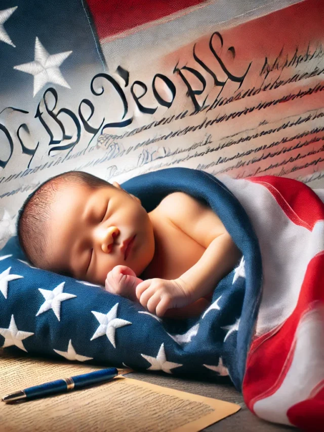 DALL·E 2024-12-19 19.21.58 - A symbolic representation of US birthright citizenship, showing a newborn baby wrapped in an American flag. In the background, depict the US Constitut