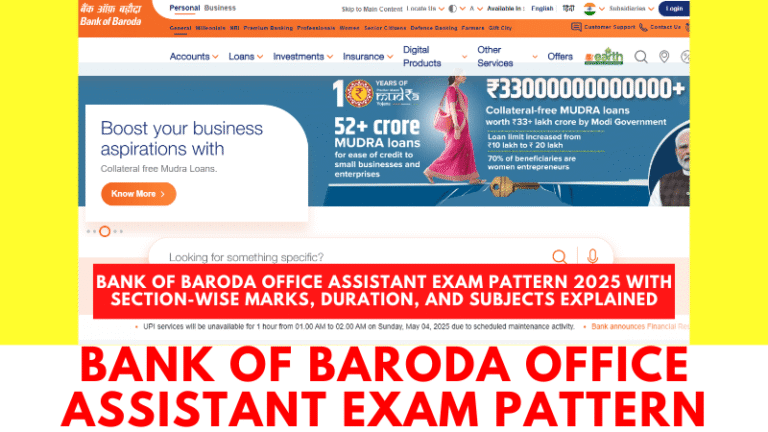 Bank of Baroda Office Assistant Exam Pattern 2025 with section-wise marks, duration, and subjects explained