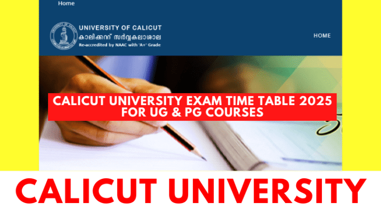 Screenshot of Calicut University Time Table 2025 PDF showing B.Tech and M.Com. exam dates