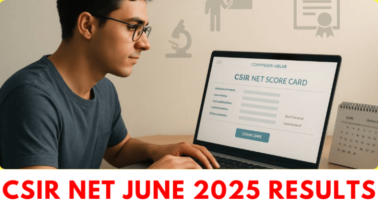Student downloading CSIR NET June 2025 scorecard on a laptop, showing result portal csirnet.nta.ac.in and a printable scorecard