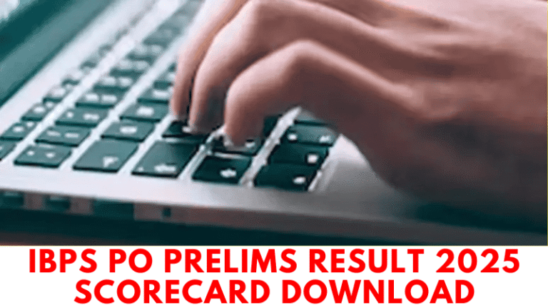 Candidate checking IBPS PO Prelims Result 2025 on ibps.in with scorecard and cut-off details on laptop screen.