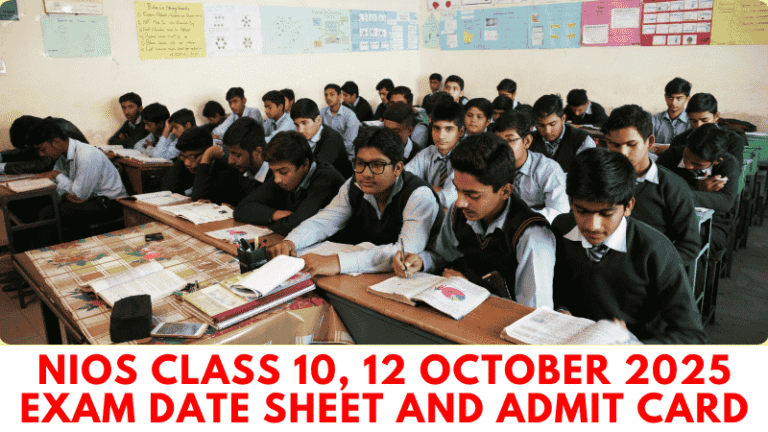 Student downloading NIOS Class 10, 12 October 2025 date sheet and admit card on sdmis.nios.ac.in with exam schedule details.