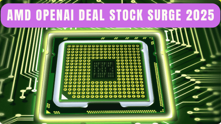 Graph showing AMD stock price jumping 35% on OpenAI 10% stake warrant news, with AI chip icons and partnership visuals in multibillion GPU deal announcement.