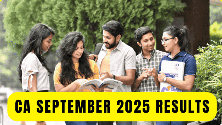 Aspirants eagerly checking CA September 2025 results on laptop screen, with ICAI logo and calendar highlighting early November release date for Foundation, Intermediate, and Final exams.