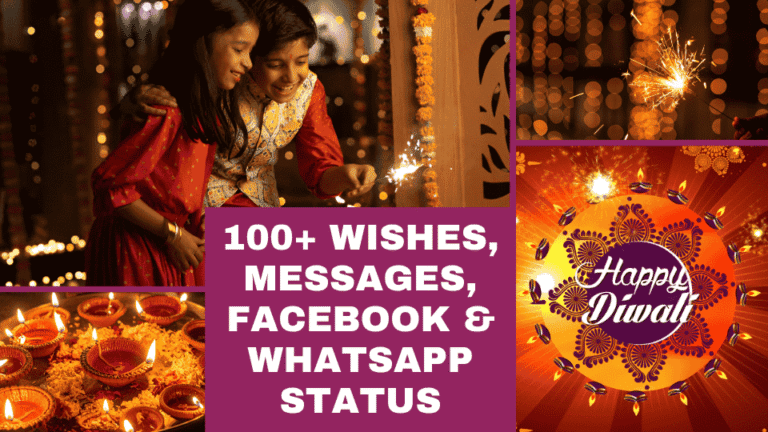 Vibrant Diwali 2025 collage with glowing diyas, rangoli, sweets, and sample wishes for WhatsApp and Facebook greetings.