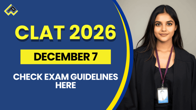Infographic on CLAT 2026 December 7 exam 2-4 pm offline 120 MCQs negative marking UG 5 subjects PG 13 law areas required IDs prohibited devices for law aspirants.