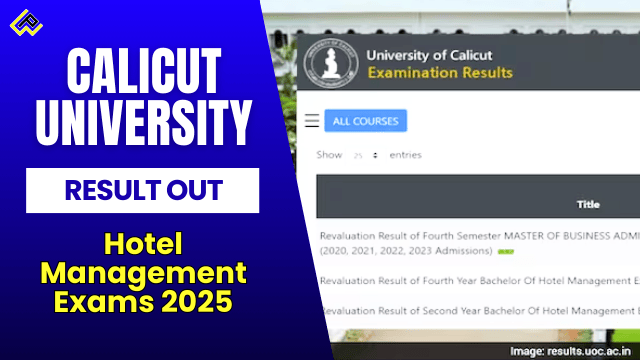 Infographic on Calicut University revaluation result 2025 for BHM April 2023/2024 exams seven-step retrieval official website registration number captcha and revised marks process for students.