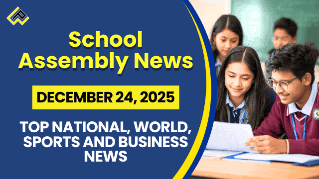 Visual collage for school assembly news headlines December 24 2025 featuring India rocket launch gold price surge U19 cricket clash and global events icons for student engagement.