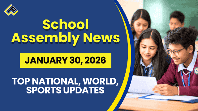 Students in assembly reading a daily current affairs bulletin listing national, world, sports and education headlines for January 31
