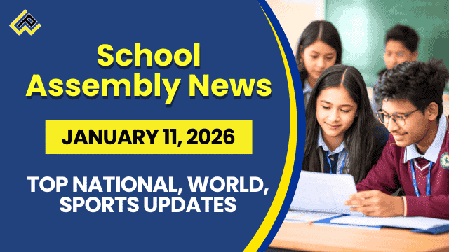 Collage illustration for school assembly news headlines January 11 2026 with icons of India flag globe cricket bat book and headlines on hypersonic missile climate report Australian Open UGC guidelines for student engagement.