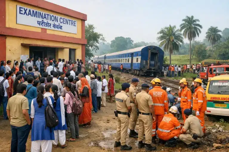 Outside view of an examination centre with students and parents gathering; emergency responders near a train in a rural Bihar setting